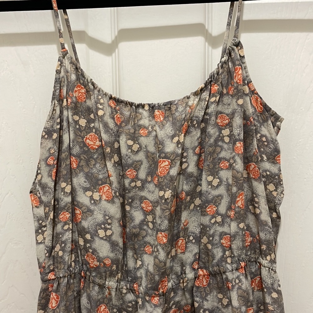 Hinge Gray Floral with Orange Flowers Spaghetti Strap Gathered Waist Silk Dress - Picture 7 of 9